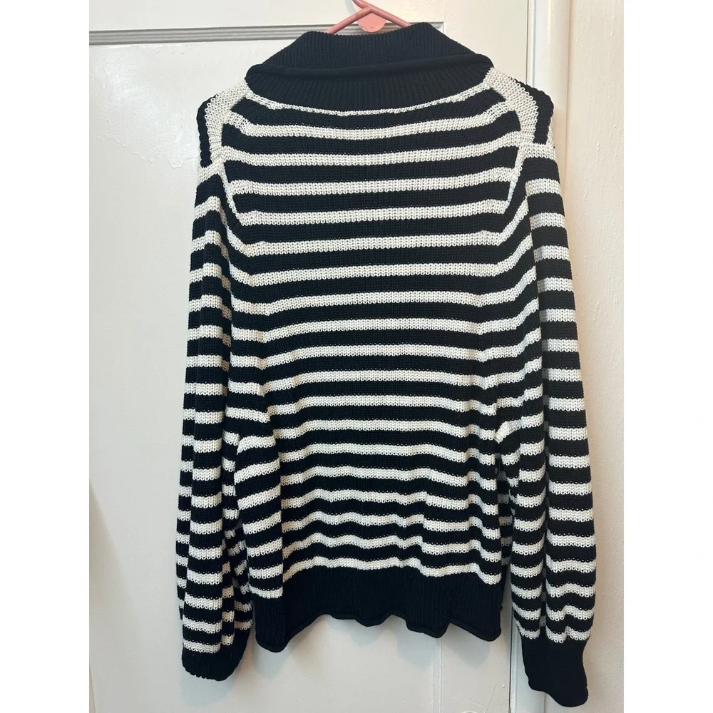 J.Crew Women Black White Striped Cotton Knit Button Collar Sweater 2X Gold Crest